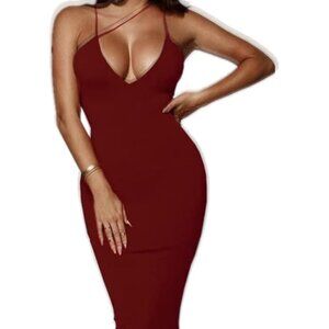 Women's Neon Asymmetrical Spaghetti Strap V-Neck Sleeveless Bodycon Midi Dress'